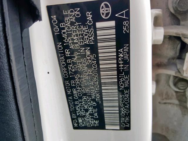 JTKKT624350102475 - 2005 TOYOTA SCION XA WHITE photo 10