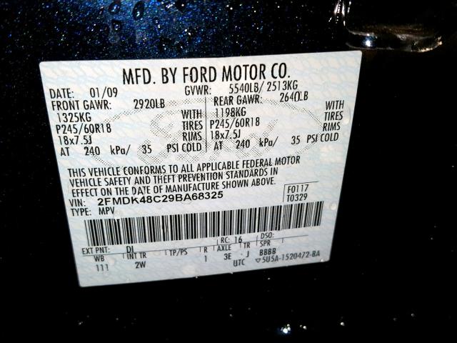 2FMDK48C29BA68325 - 2009 FORD EDGE SEL BLUE photo 10