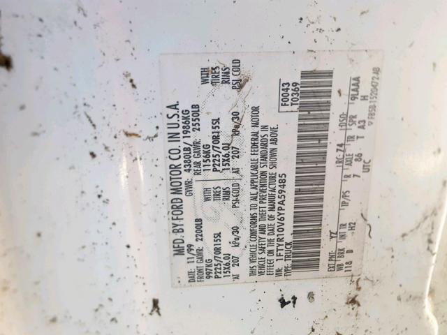 1FTYR10V6YPA59485 - 2000 FORD RANGER WHITE photo 10