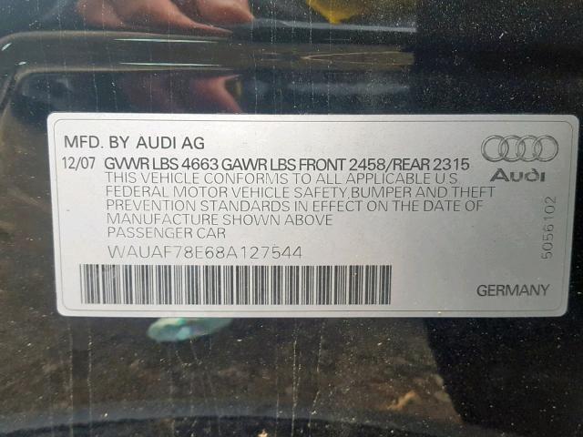 WAUAF78E68A127544 - 2008 AUDI A4 2.0T BLACK photo 10