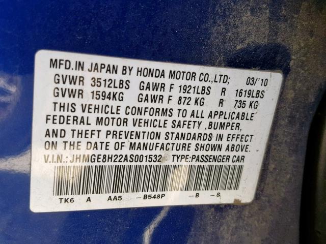 JHMGE8H22AS001532 - 2010 HONDA FIT BLUE photo 10