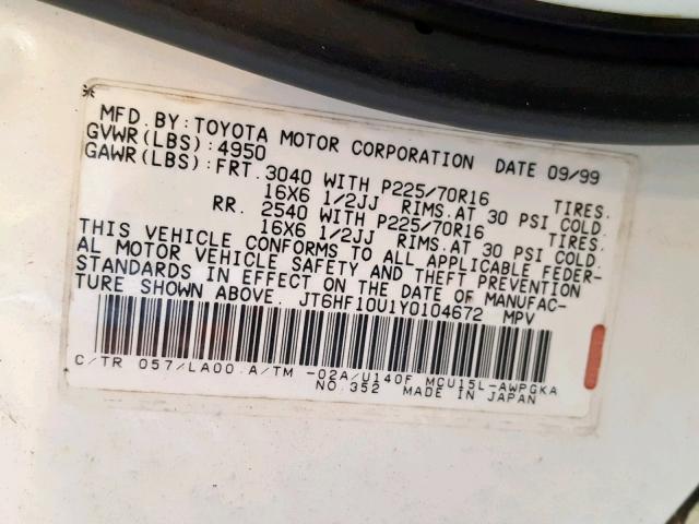 JT6HF10U1Y0104672 - 2000 LEXUS RX 300 WHITE photo 10