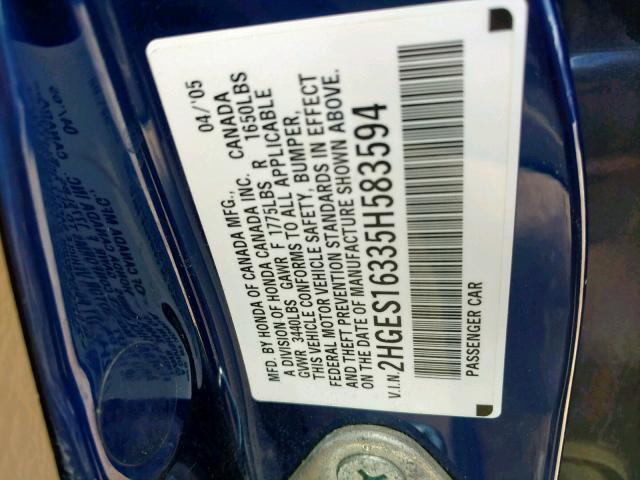 2HGES16335H583594 - 2005 HONDA CIVIC DX V BLUE photo 10