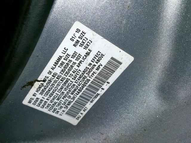 5FNRL3H74AB046936 - 2010 HONDA ODYSSEY EX SILVER photo 10