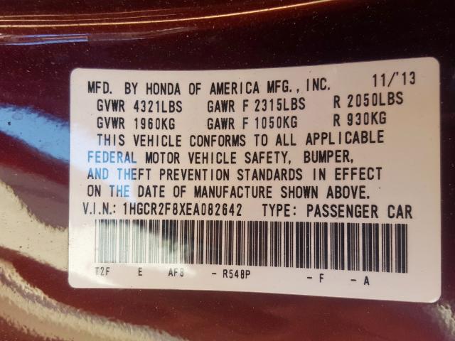 1HGCR2F8XEA082642 - 2014 HONDA ACCORD EXL  photo 10