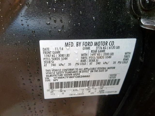 1FM5K7F86FGB29880 - 2015 FORD EXPLORER L GRAY photo 10