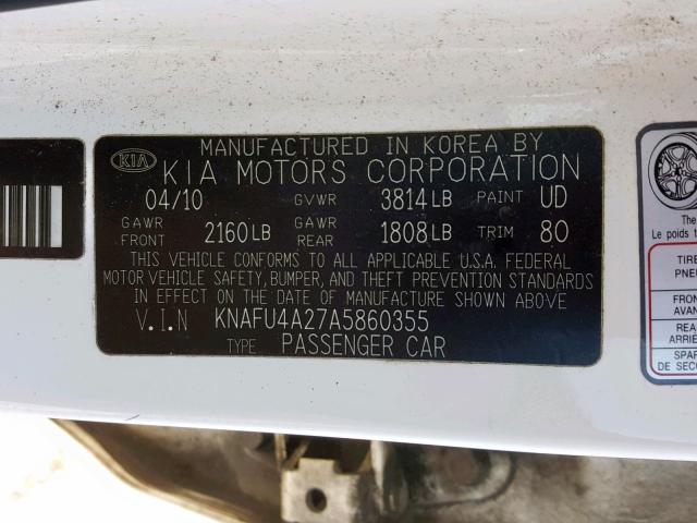 KNAFU4A27A5860355 - 2010 KIA FORTE EX WHITE photo 10