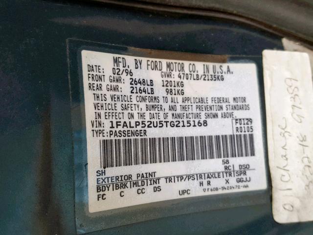 1FALP52U5TG215168 - 1996 FORD TAURUS GL TEAL photo 10