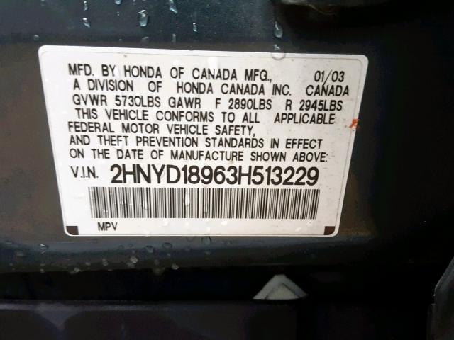 2HNYD18963H513229 - 2003 ACURA MDX TOURIN BLUE photo 10