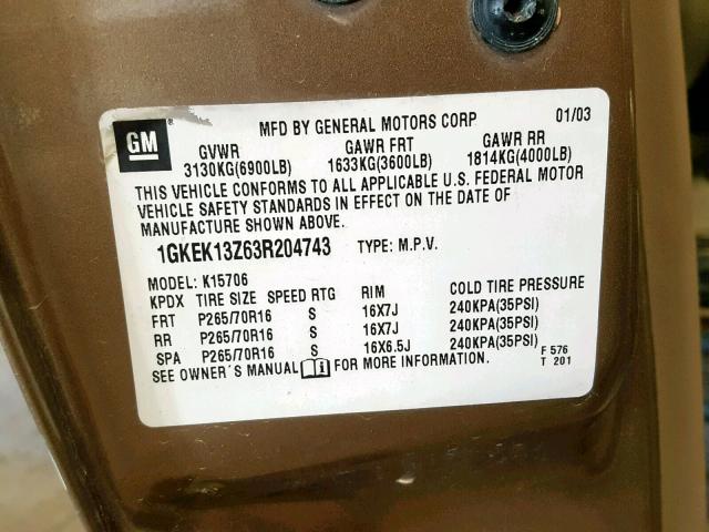 1GKEK13Z63R204743 - 2003 GMC YUKON GOLD photo 10