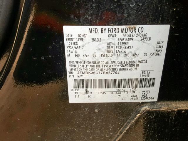 2FMDK36C77BA67794 - 2007 FORD EDGE SE BLACK photo 10