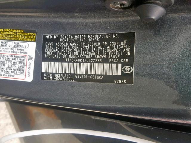 4T1BK46K17U527286 - 2007 TOYOTA CAMRY NEW GRAY photo 10