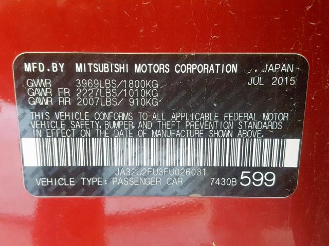 JA32U2FU3FU026031 - 2015 MITSUBISHI LANCER ES RED photo 10