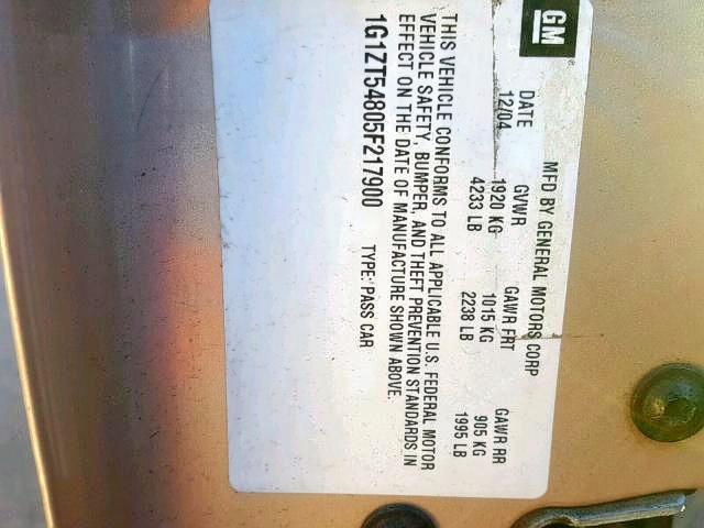 1G1ZT54805F217900 - 2005 CHEVROLET MALIBU LS GOLD photo 10