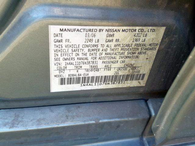 1N4AL11D76N387831 - 2006 NISSAN ALTIMA S GREEN photo 10