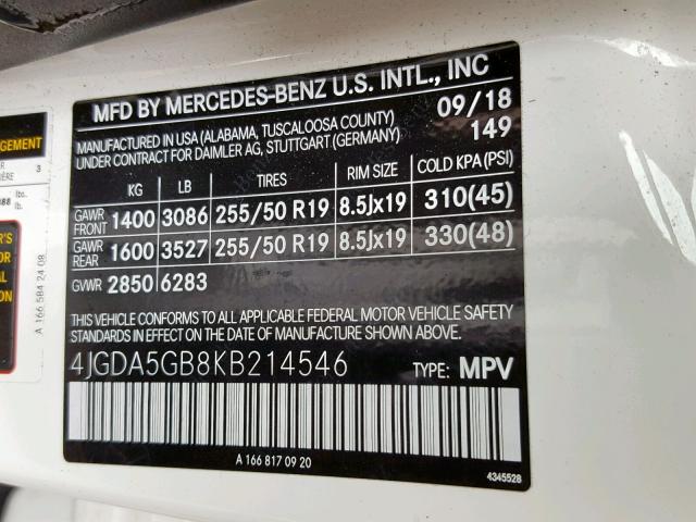 4JGDA5GB8KB214546 - 2019 MERCEDES-BENZ GLE 400 4M WHITE photo 10