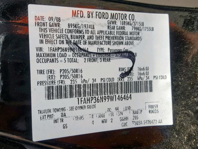 1FAHP36N99W146464 - 2009 FORD FOCUS SES BLACK photo 10