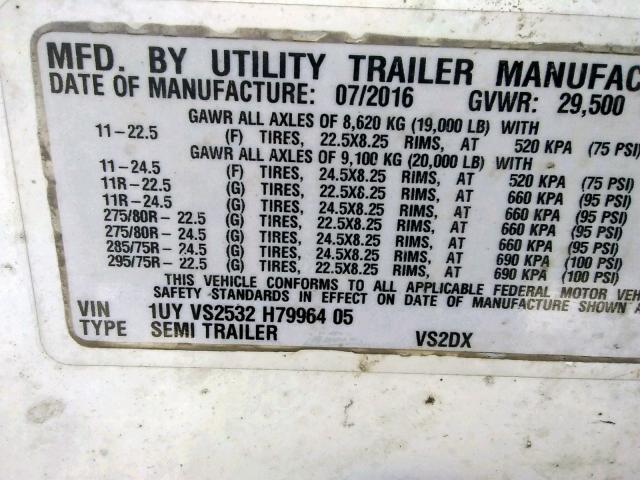 1UYVS2532H7996405 - 2017 UTILITY TRAILER WHITE photo 10