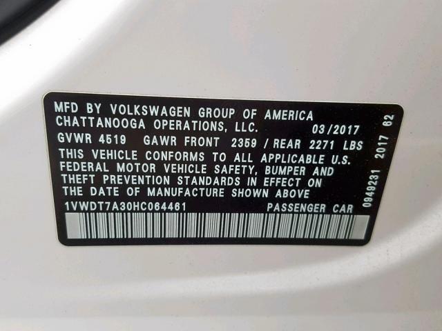 1VWDT7A30HC064461 - 2017 VOLKSWAGEN PASSAT R-L WHITE photo 10