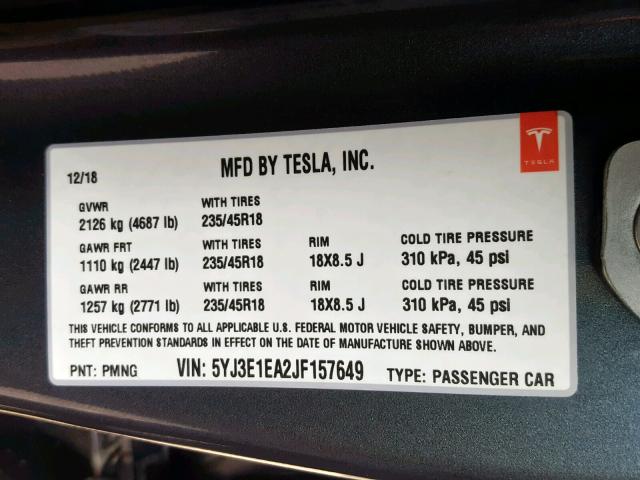 5YJ3E1EA2JF157649 - 2018 TESLA MODEL 3 GRAY photo 10