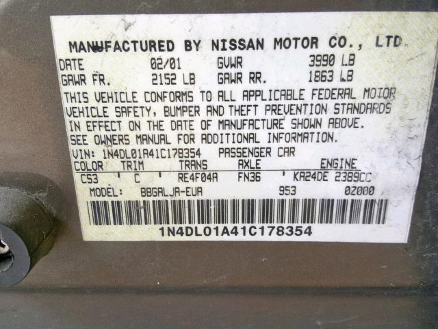 1N4DL01A41C178354 - 2001 NISSAN ALTIMA GXE BROWN photo 10