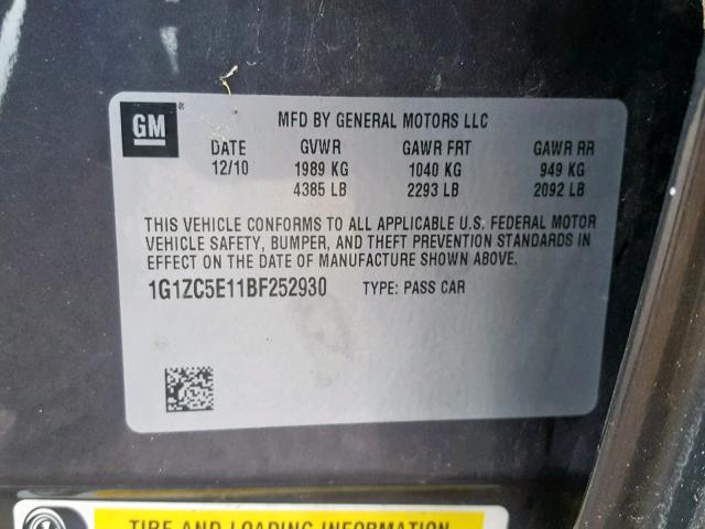 1G1ZC5E11BF252930 - 2011 CHEVROLET MALIBU 1LT 灰色 照片 10