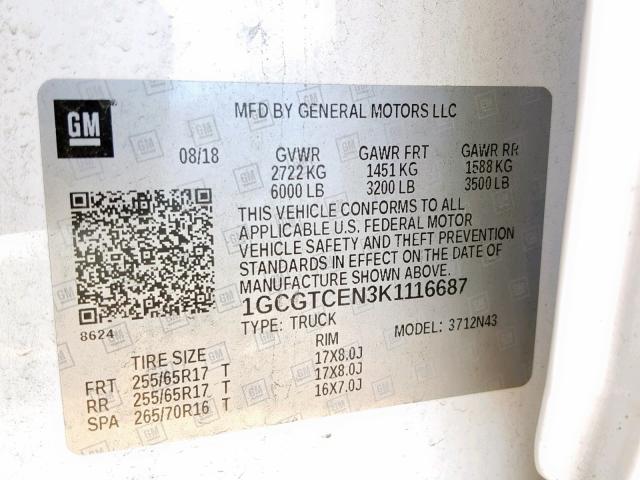 1GCGTCEN3K1116687 - 2019 CHEVROLET COLORADO L WHITE photo 10