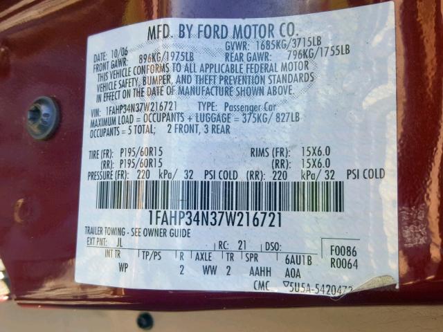 1FAHP34N37W216721 - 2007 FORD FOCUS ZX4 RED photo 10