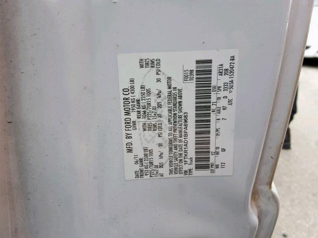 1FTKR1AD1BPA69683 - 2011 FORD RANGER WHITE photo 10