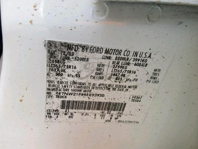 1FTNW21P94EB93950 - 2004 FORD F250 SUPER WHITE photo 10