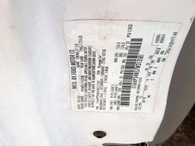 1FAHP34N57W313581 - 2007 FORD FOCUS ZX4 WHITE photo 10