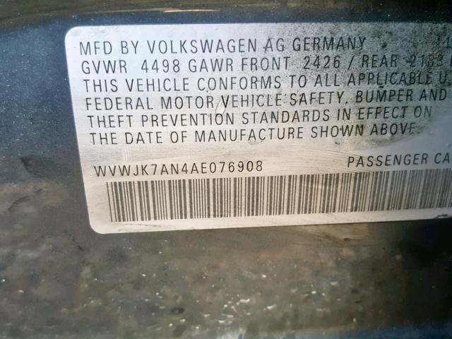 WVWJK7AN4AE076908 - 2010 VOLKSWAGEN PASSAT KOM GRAY photo 10