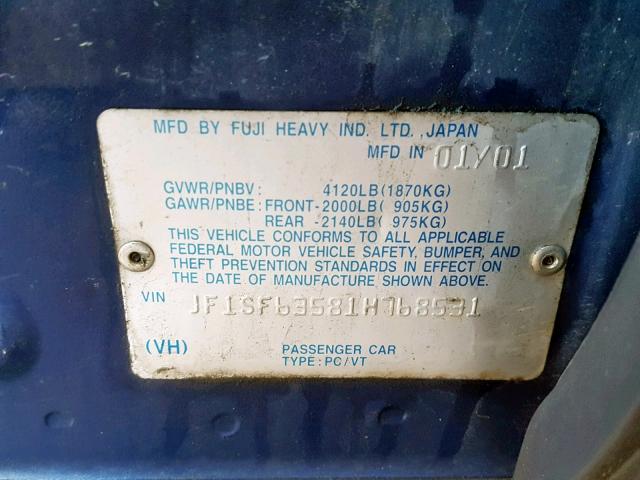 JF1SF63581H768531 - 2001 SUBARU FORESTER L BLUE photo 10