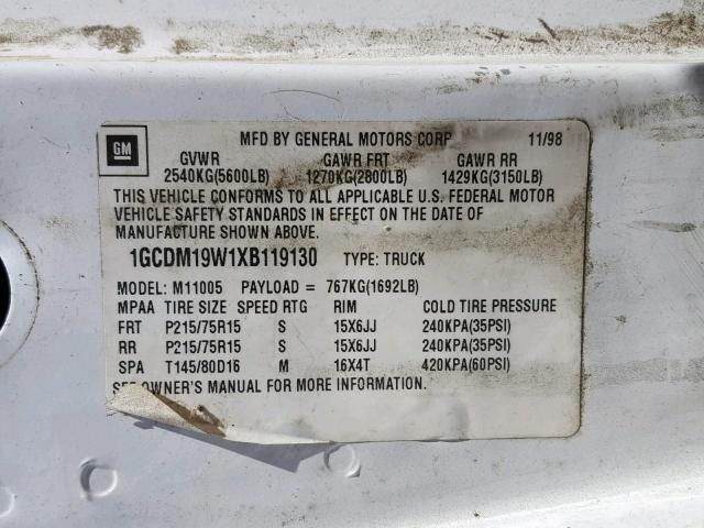 1GCDM19W1XB119130 - 1999 CHEVROLET ASTRO WHITE photo 10