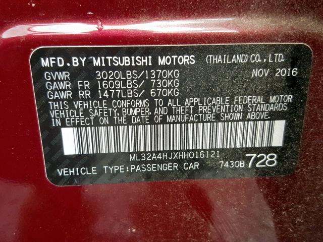 ML32A4HJXHH016121 - 2017 MITSUBISHI MIRAGE SE MAROON photo 10