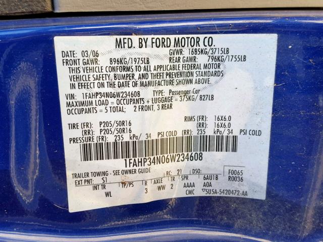 1FAHP34N06W234608 - 2006 FORD FOCUS ZX4 BLUE photo 10