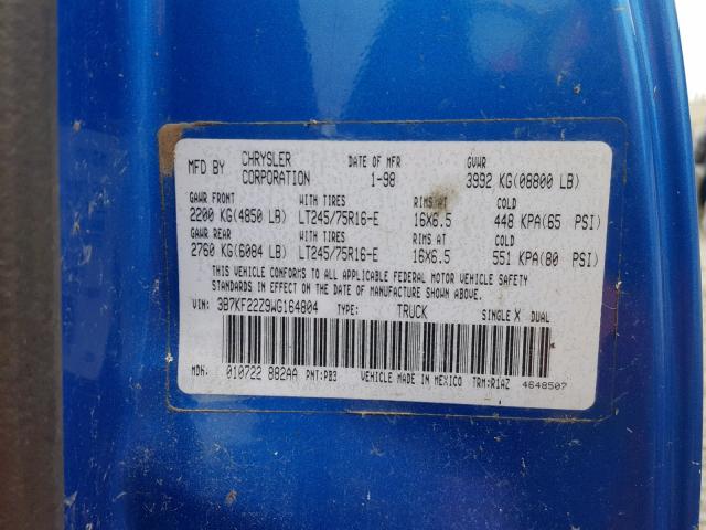 3B7KF22Z9WG164804 - 1998 DODGE RAM 2500 BLUE photo 10