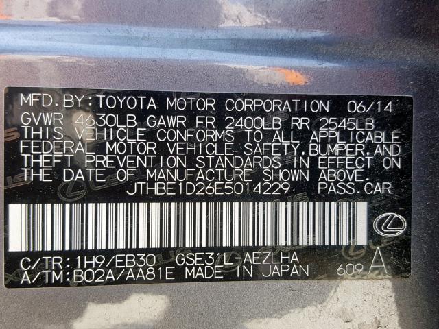 JTHBE1D26E5014229 - 2014 LEXUS IS 350 GRAY photo 10