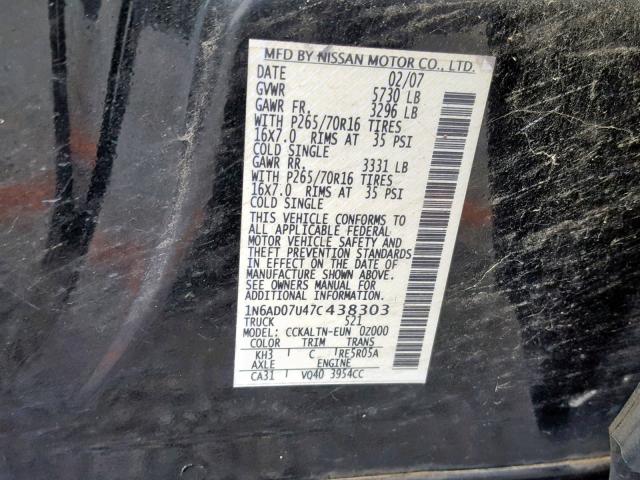 1N6AD07U47C438303 - 2007 NISSAN FRONTIER C BLACK photo 10