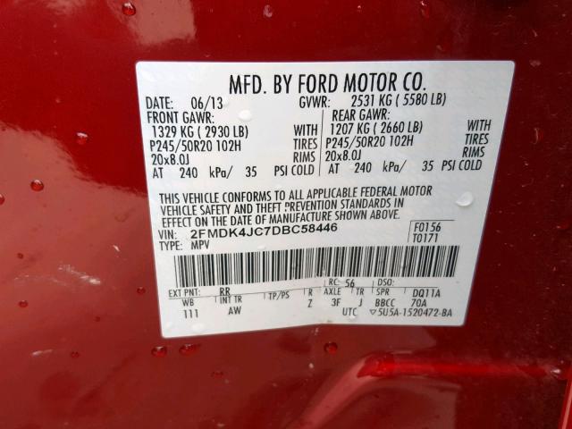 2FMDK4JC7DBC58446 - 2013 FORD EDGE SEL RED photo 10