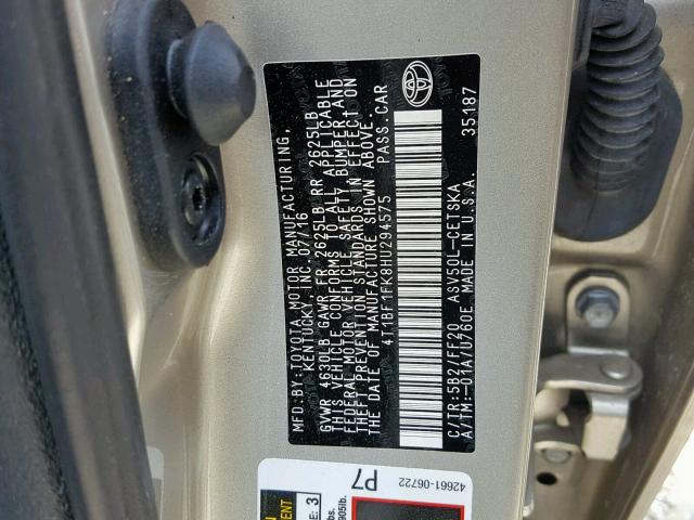 4T1BF1FK8HU294575 - 2017 TOYOTA CAMRY LE GOLD photo 10