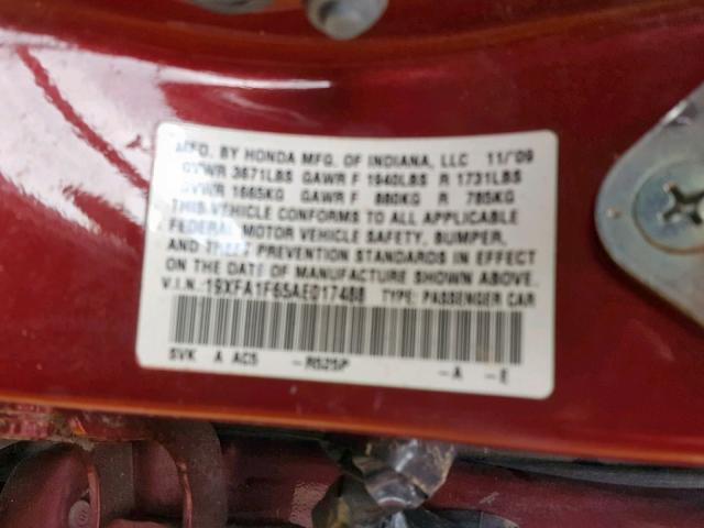 19XFA1F65AE017488 - 2010 HONDA CIVIC LX-S Tünd qırmızı foto 10