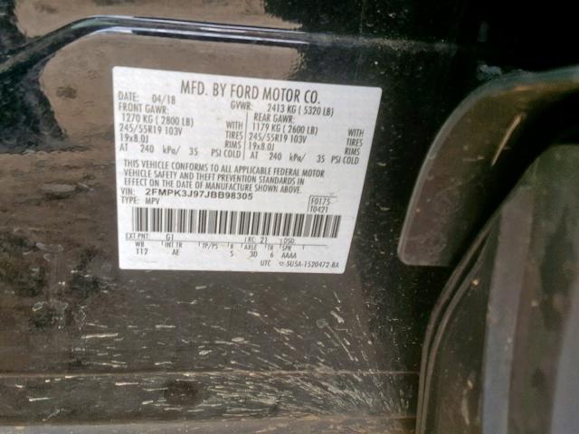 2FMPK3J97JBB98305 - 2018 FORD EDGE SEL BLACK photo 10