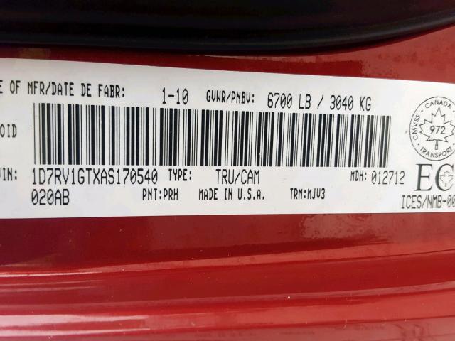 1D7RV1GTXAS170540 - 2010 DODGE RAM 1500 RED photo 10