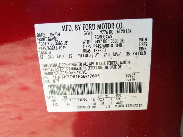 1FM5K7D81FGA17605 - 2015 FORD EXPLORER XLT  photo 10