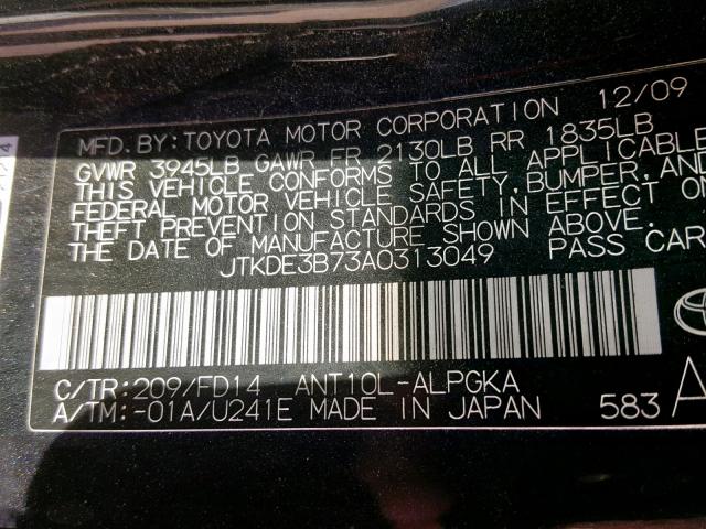 JTKDE3B73A0313049 - 2010 TOYOTA SCION TC შავი ფოტო 10