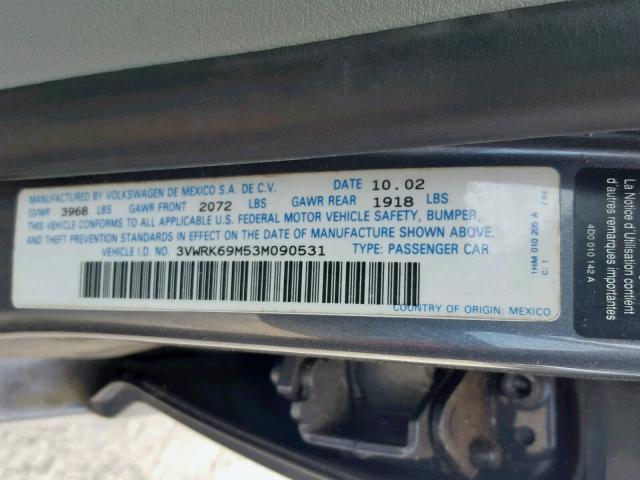 3VWRK69M53M090531 - 2003 VOLKSWAGEN JETTA GL GRAY photo 10