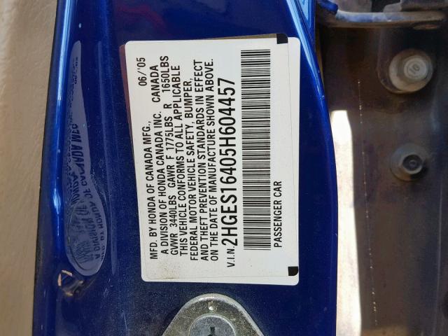 2HGES16405H604457 - 2005 HONDA CIVIC DX BLUE photo 10