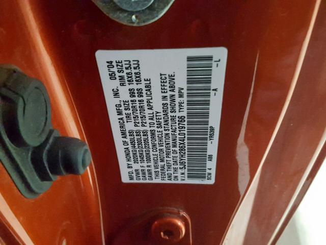 5J6YH286X4L019766 - 2004 HONDA ELEMENT EX ORANGE photo 10