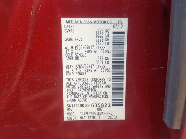5N1AR1NB1CC635821 - 2012 NISSAN PATHFINDER RED photo 10